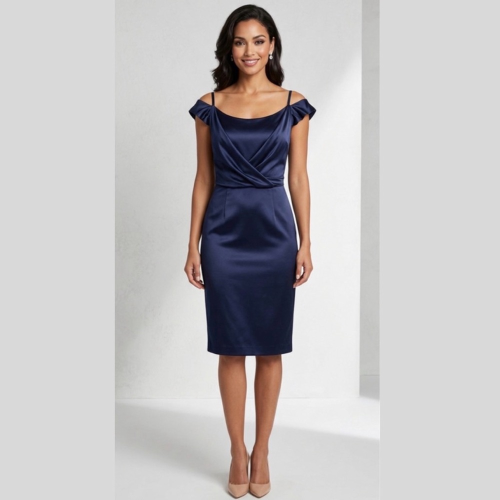 ST JOHN 14 Evening Cocktail Dress Off Shoulder Straps Draped Front Navy Blue